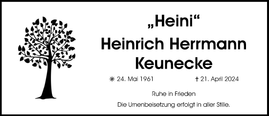 Traueranzeige von Heinrich Herrmann Keunecke von Aller Zeitung