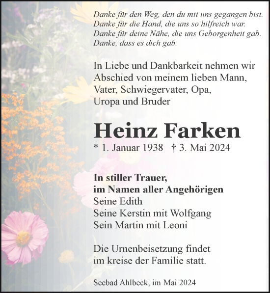 Traueranzeige von Heinz Farken von Ostsee-Zeitung GmbH