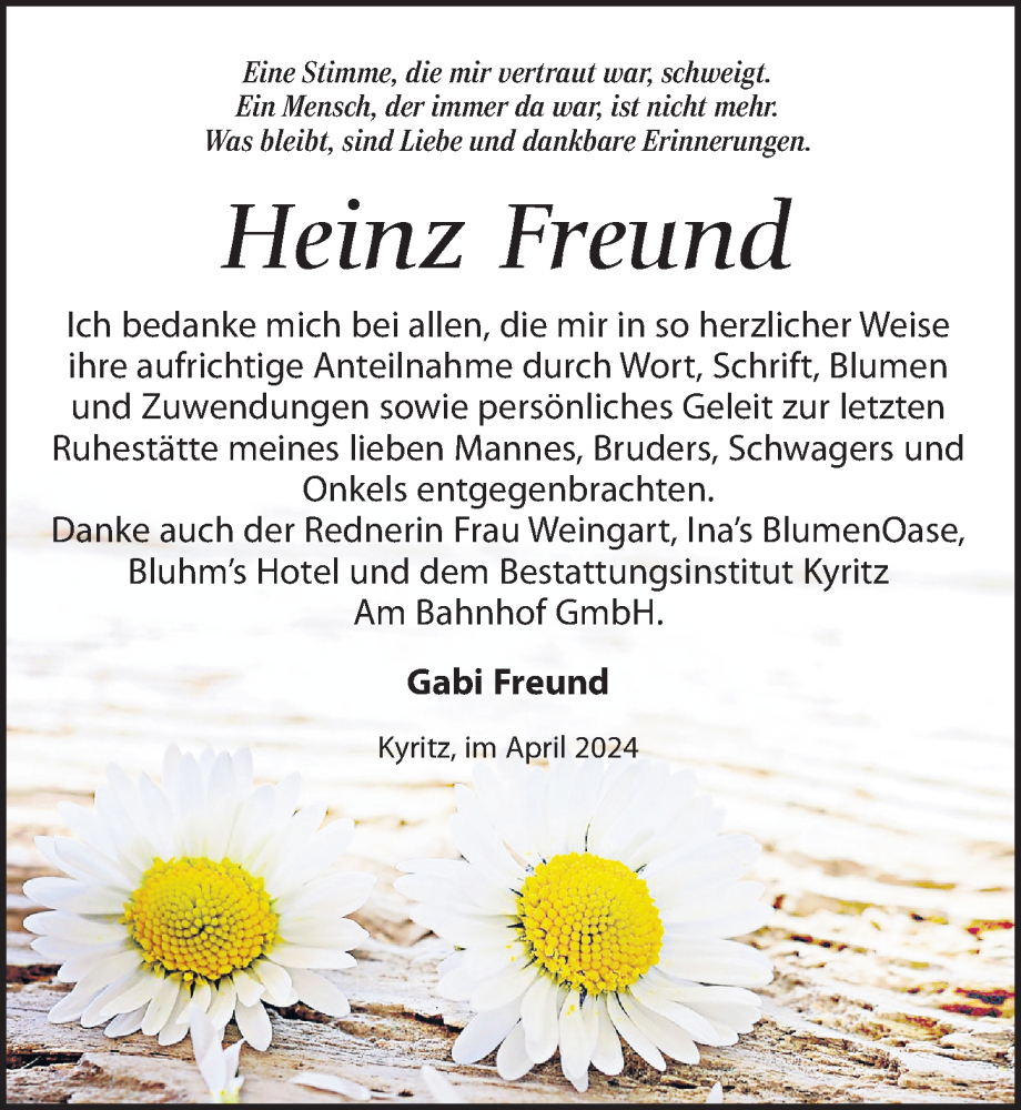  Traueranzeige für Heinz Freund vom 11.05.2024 aus Wochenspiegel