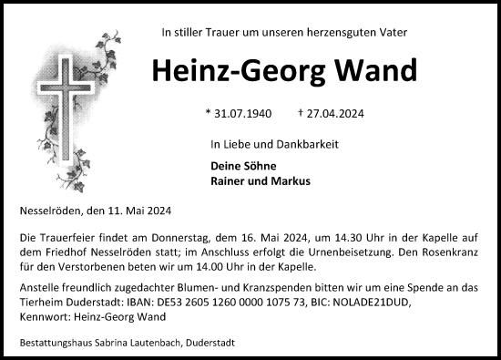 Traueranzeige von Heinz-Georg Wand von Eichsfelder Tageblatt