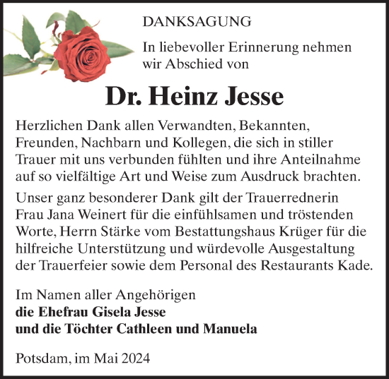 Traueranzeige von Heinz Jesse von Märkischen Allgemeine Zeitung