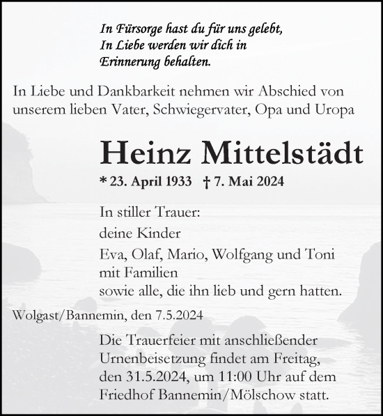 Traueranzeige von Heinz Mittelstädt von Ostsee-Zeitung GmbH