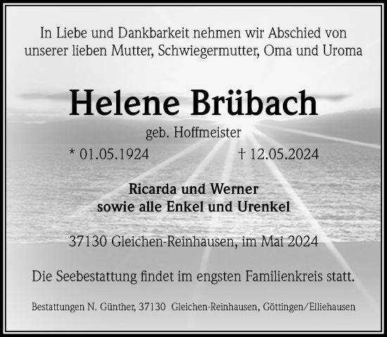 Traueranzeige von Helene Brübach von Göttinger Tageblatt