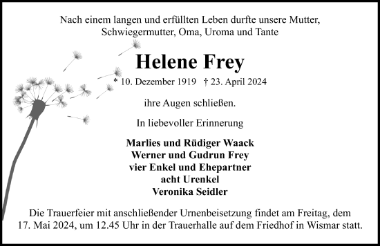 Traueranzeige von Helene Frey von Ostsee-Zeitung GmbH