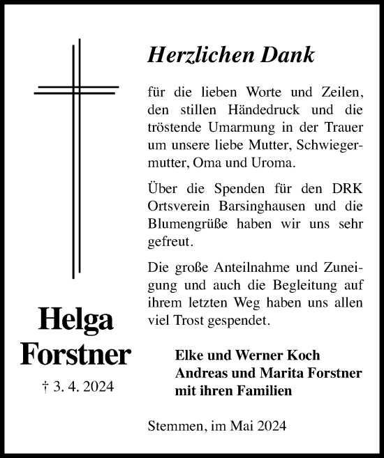Traueranzeige von Helg Forstner von Hannoversche Allgemeine Zeitung/Neue Presse