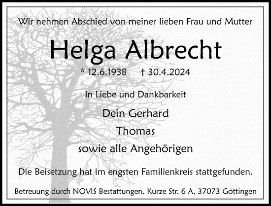 Traueranzeige von Helga Albrecht von Göttinger Tageblatt