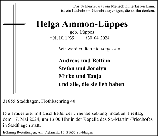 Traueranzeige von Helga Ammon-Lüppes von Schaumburger Nachrichten