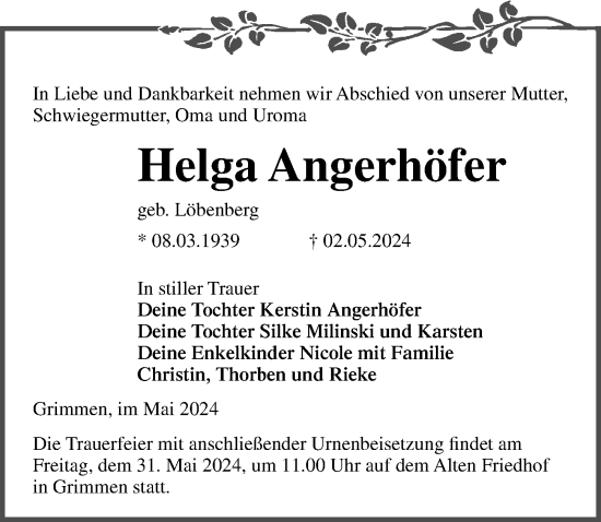 Traueranzeige von Helga Angerhöfer von Ostsee-Zeitung GmbH