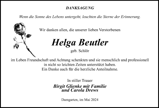 Traueranzeige von Helga Beutler von Ostsee-Zeitung GmbH