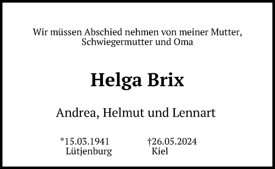 Traueranzeige von Helga Brix von Kieler Nachrichten