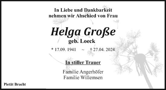 Traueranzeige von Helga Große von Leipziger Volkszeitung