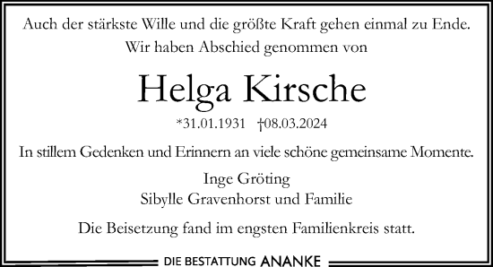 Traueranzeige von Helga Kirsche von Leipziger Volkszeitung
