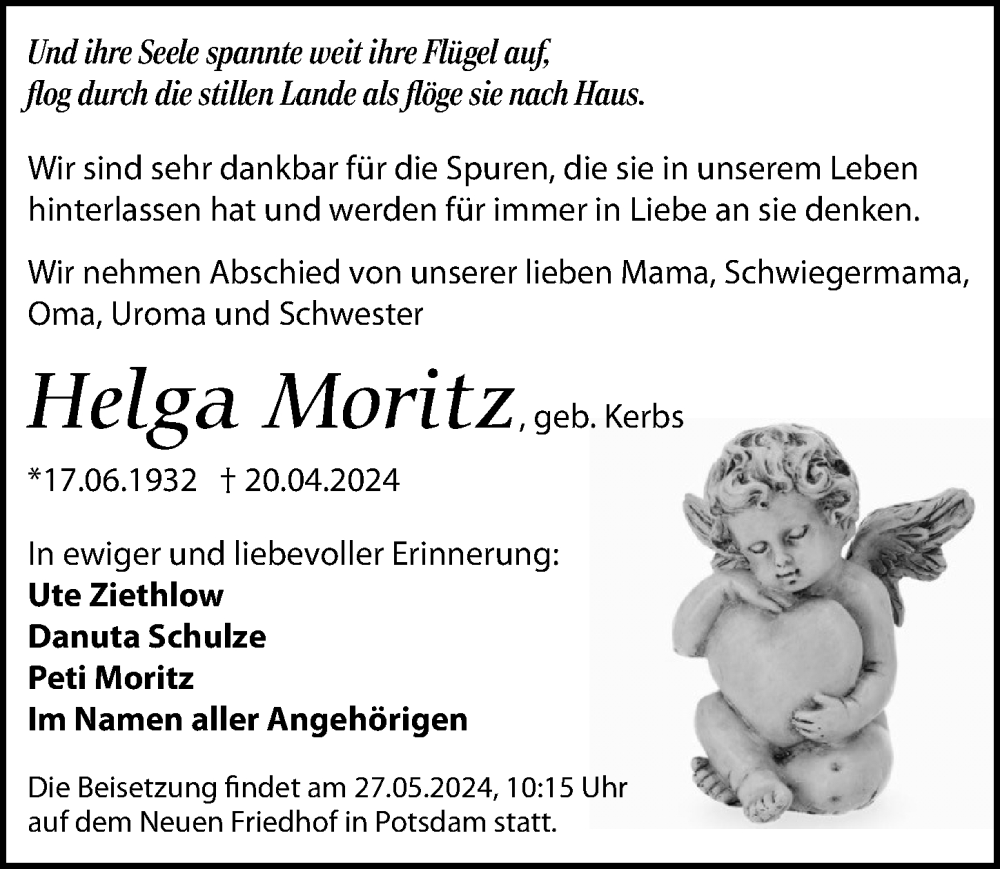  Traueranzeige für Helga Moritz vom 04.05.2024 aus Märkischen Allgemeine Zeitung