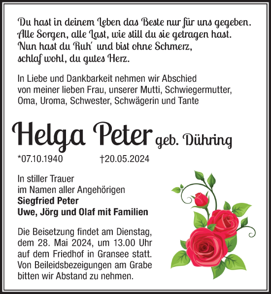 Traueranzeige von Helga Peter von Märkischen Allgemeine Zeitung