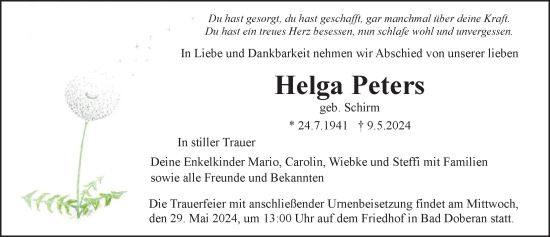 Traueranzeige von Helga Peters von Ostsee-Zeitung GmbH