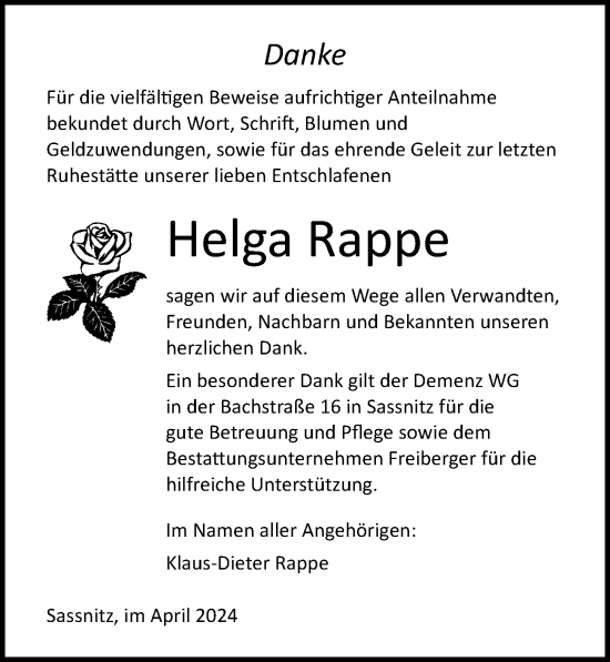 Traueranzeige von Helga Rappe von Ostsee-Zeitung GmbH