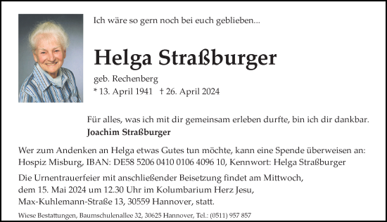 Traueranzeige von Helga Straßburger von Hannoversche Allgemeine Zeitung/Neue Presse