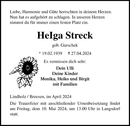 Traueranzeige von Helga Streck von Ostsee-Zeitung GmbH