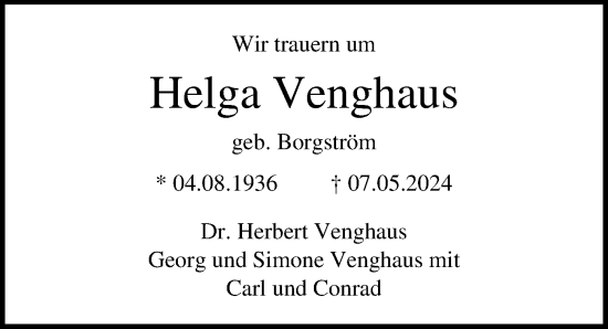 Traueranzeige von Helga Venghaus von Ostsee-Zeitung GmbH