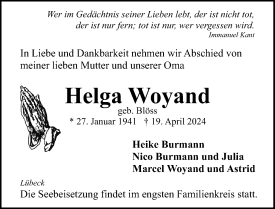 Traueranzeige von Helga Woyand von Lübecker Nachrichten