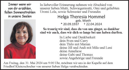 Traueranzeige von Helga Theresia Hommel von Leipziger Volkszeitung