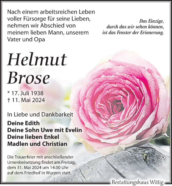 Traueranzeige von Helmut Brose von Leipziger Volkszeitung