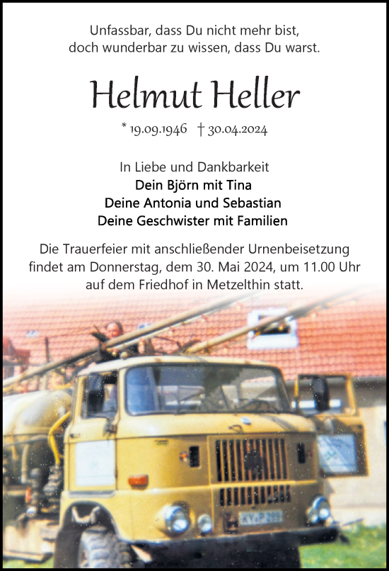 Traueranzeige von Helmut Heller von Wochenspiegel