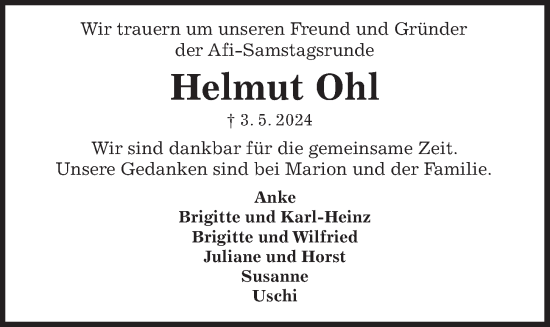 Traueranzeige von Helmut Ohl von Kieler Nachrichten