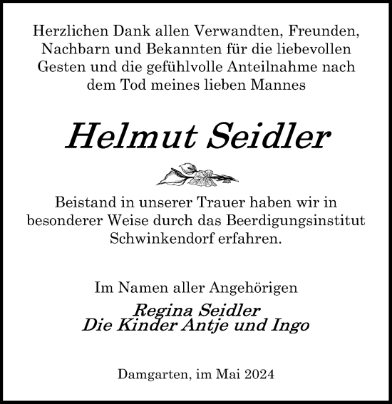 Traueranzeige von Helmut Seidler von Ostsee-Zeitung GmbH