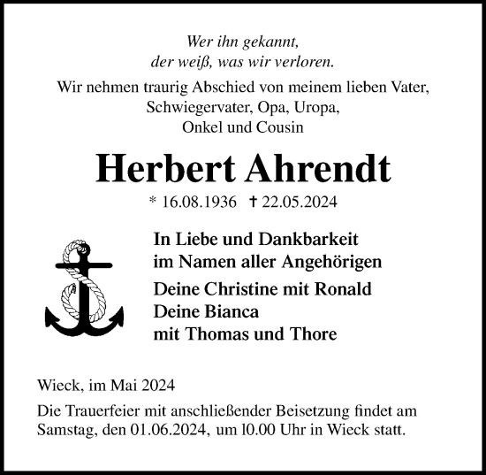 Traueranzeige von Herbert Ahrendt von Ostsee-Zeitung GmbH