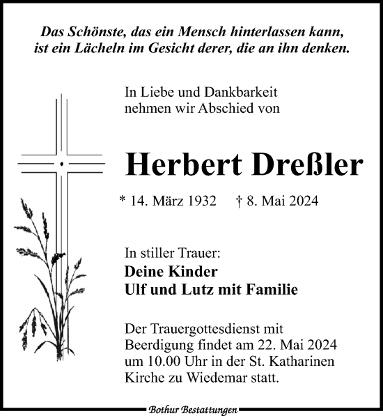 Traueranzeige von Herbert Dreßler von Leipziger Volkszeitung