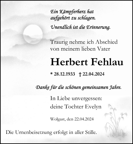 Traueranzeige von Herbert Fehlau von Ostsee-Zeitung GmbH