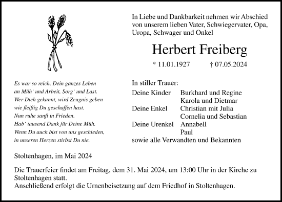 Traueranzeige von Herbert Freiberg von Ostsee-Zeitung GmbH