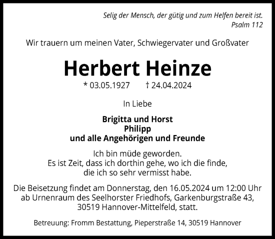 Traueranzeige von Herbert Heinze von Hannoversche Allgemeine Zeitung/Neue Presse