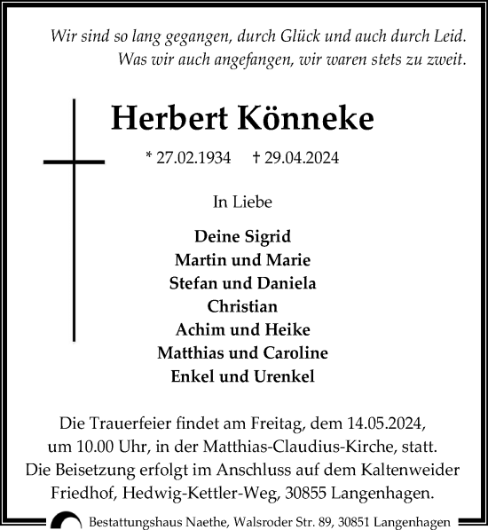 Traueranzeige von Herbert Könneke von Hannoversche Allgemeine Zeitung/Neue Presse