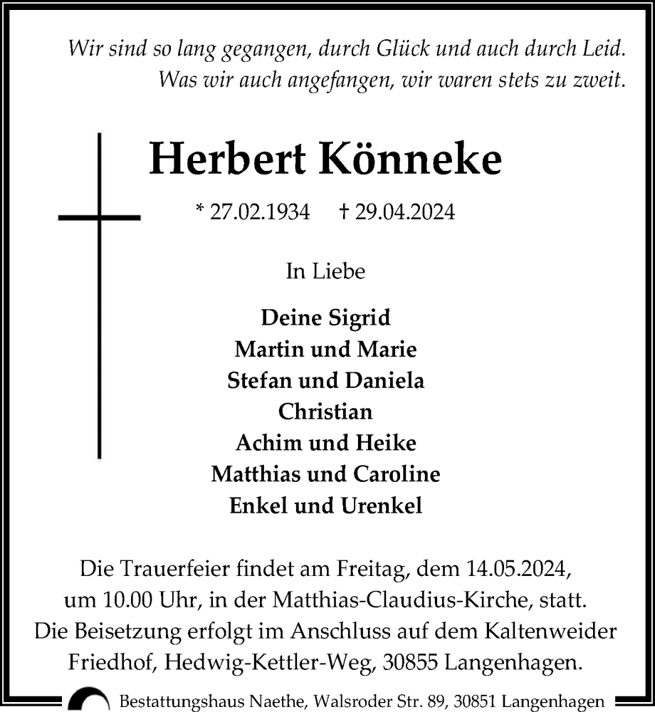  Traueranzeige für Herbert Könneke vom 04.05.2024 aus Hannoversche Allgemeine Zeitung/Neue Presse