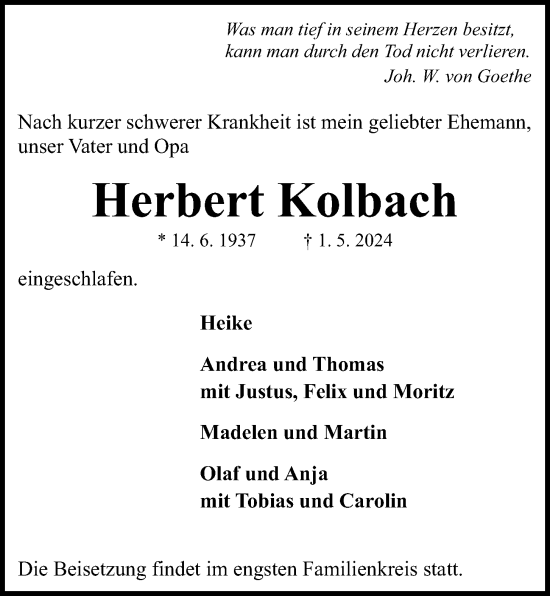 Traueranzeige von Herbert Kolbach von Kieler Nachrichten