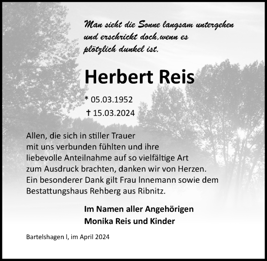 Traueranzeige von Herbert Reis von Ostsee-Zeitung GmbH