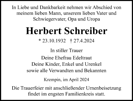 Traueranzeige von Herbert Schreiber von Ostsee-Zeitung GmbH