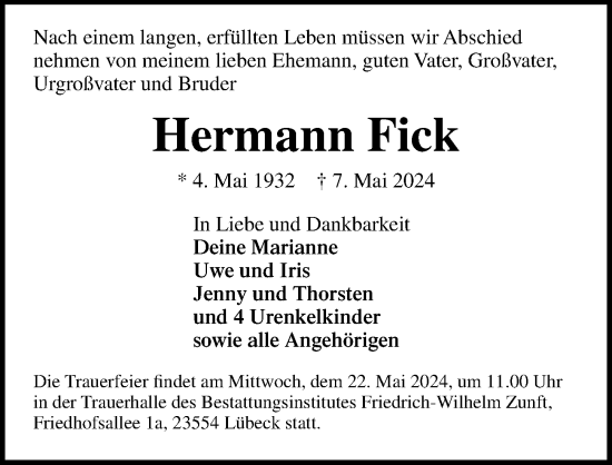 Traueranzeige von Hermann Fick von Lübecker Nachrichten