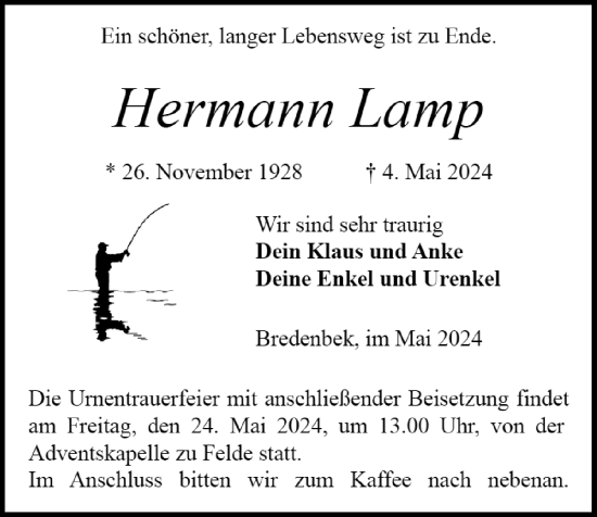 Traueranzeige von Hermann Lamp von Kieler Nachrichten