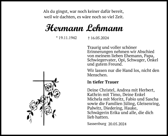 Traueranzeige von Hermann Lehmann von Aller Zeitung