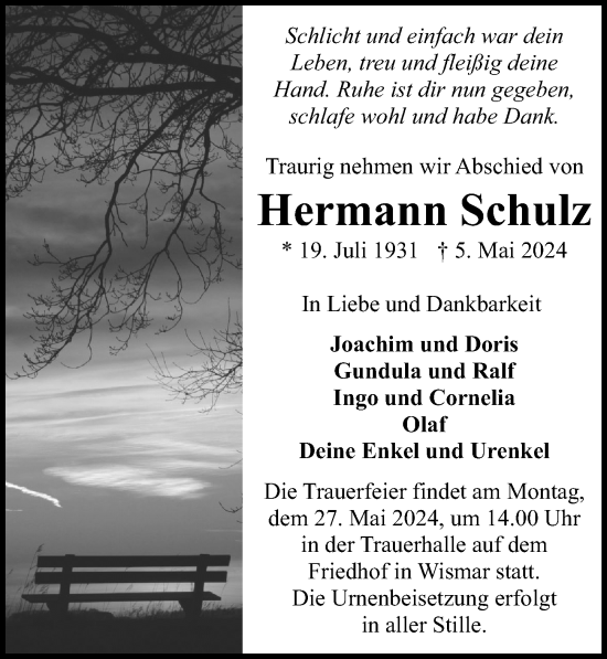 Traueranzeige von Hermann Schulz von Ostsee-Zeitung GmbH