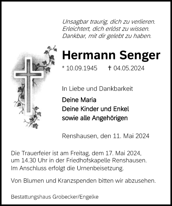 Traueranzeige von Hermann Senger von Eichsfelder Tageblatt