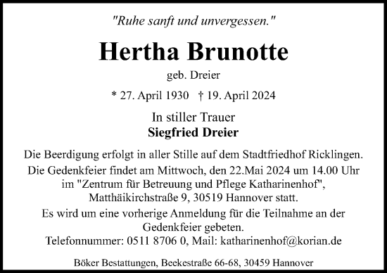 Traueranzeige von Hertha Brunotte von Hannoversche Allgemeine Zeitung/Neue Presse