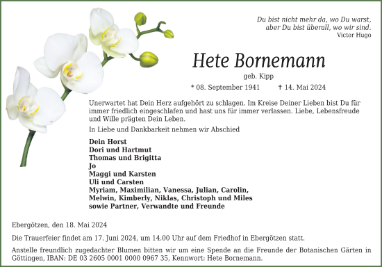 Traueranzeige von Hete Bornemann von Göttinger Tageblatt
