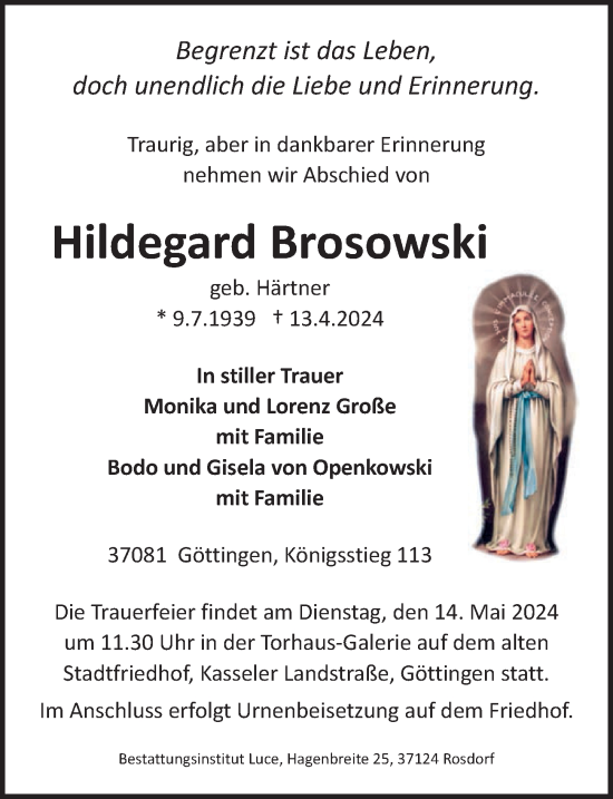 Traueranzeige von Hildegard Brosowski von Göttinger Tageblatt