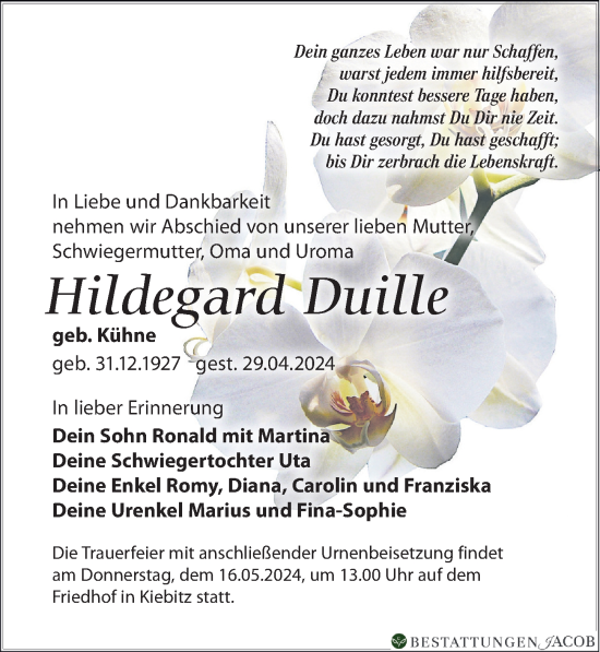 Traueranzeige von Hildegard Duille von Leipziger Volkszeitung