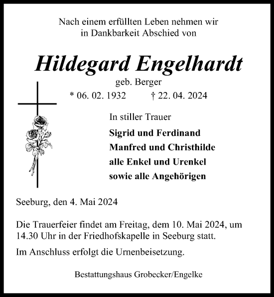 Traueranzeige von Hildegard Engelhardt von Eichsfelder Tageblatt