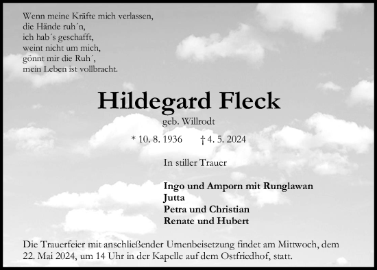 Traueranzeige von Hildegard Fleck von Kieler Nachrichten